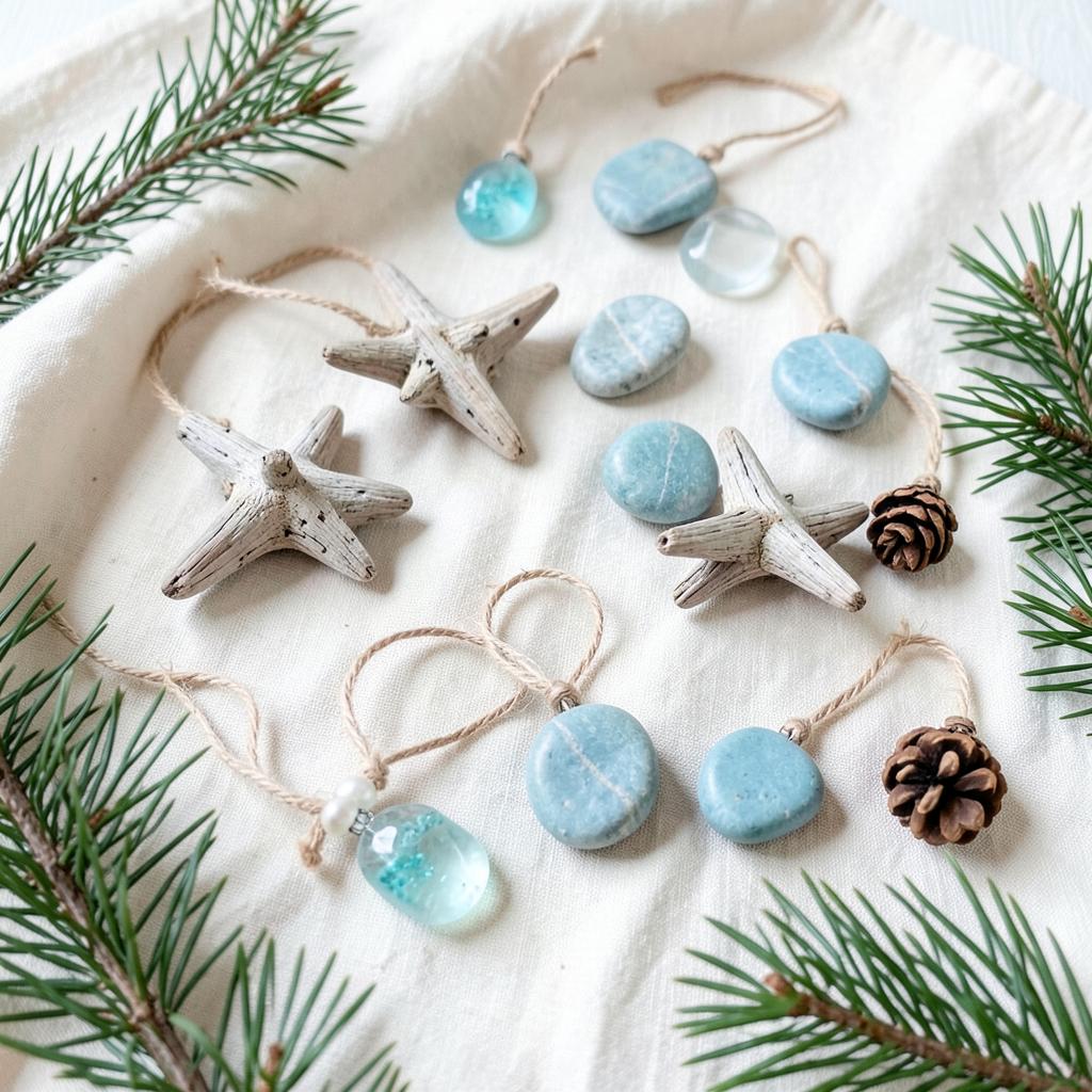 Coastal Christmas decorations in soft blues — driftwood stars, stones and sea glass